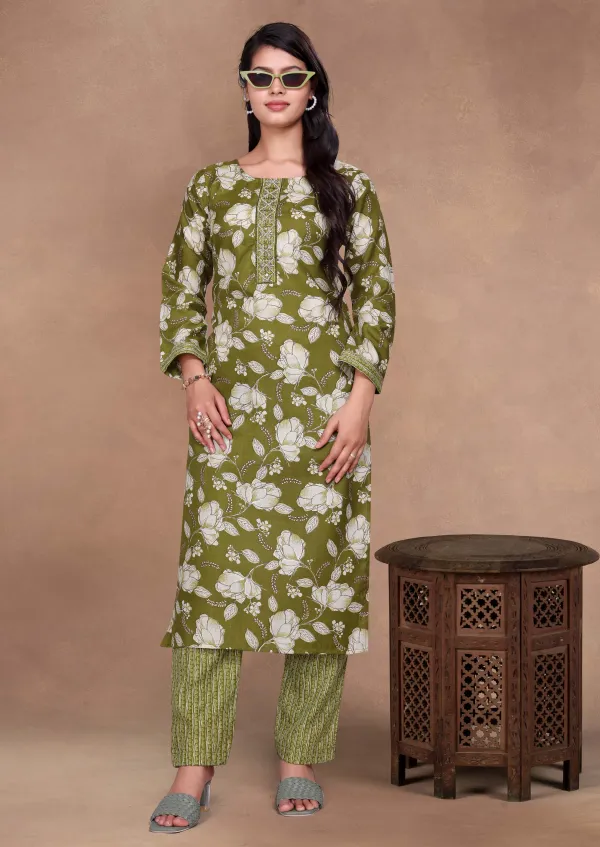 Green_Cotton_Kurti_Pant_Set_For_Women