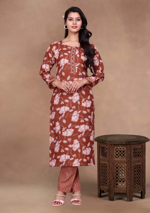 Brown_Cotton_Kurti_Pant_Set_For_Women