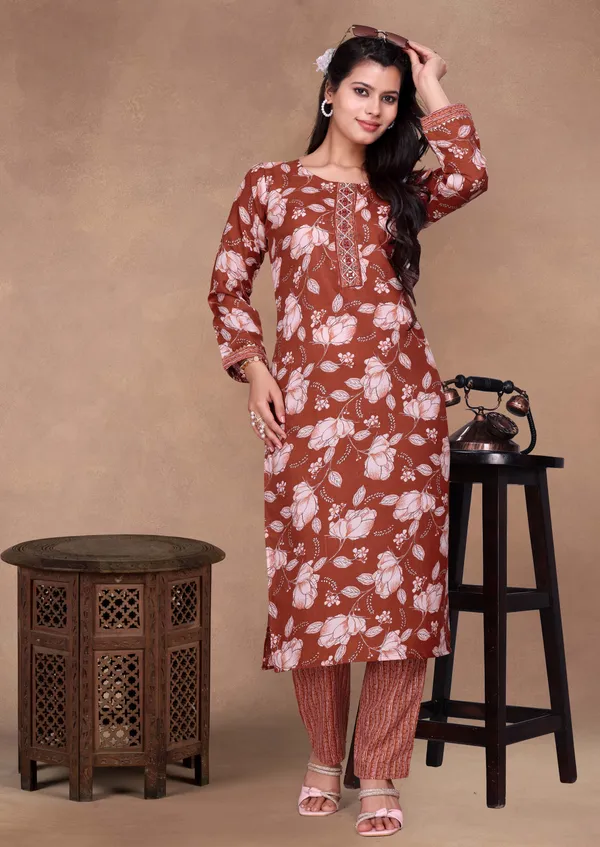 Brown_Cotton_Kurti_Pant_Set_For_Women