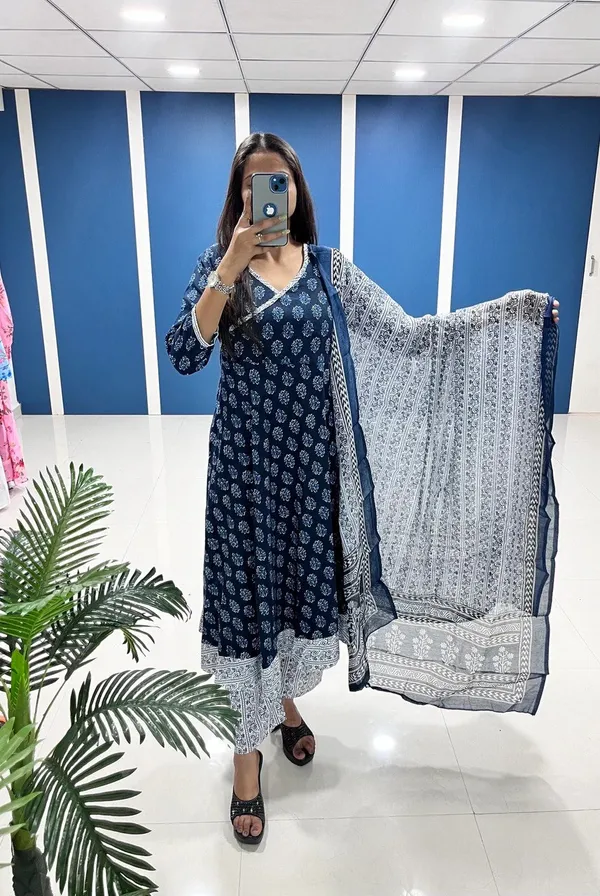 Navy_Blue_&_White_Printed_Cotton_Kurta_Set_with_Dupatta