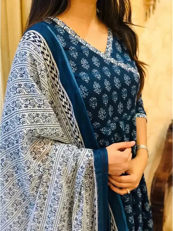 Navy_Blue_&_White_Printed_Cotton_Kurta_Set_with_Dupatta