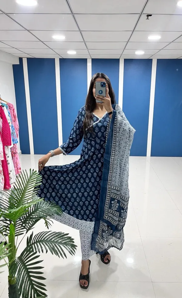 Navy_Blue_&_White_Printed_Cotton_Kurta_Set_with_Dupatta
