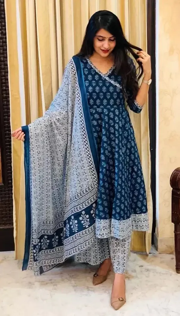 Navy_Blue_&_White_Printed_Cotton_Kurta_Set_with_Dupatta