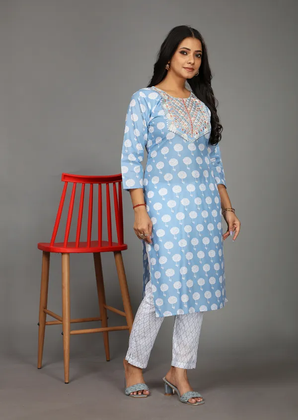 Light_Blue_Cotton_Kurta_Pant_Set_For_Women