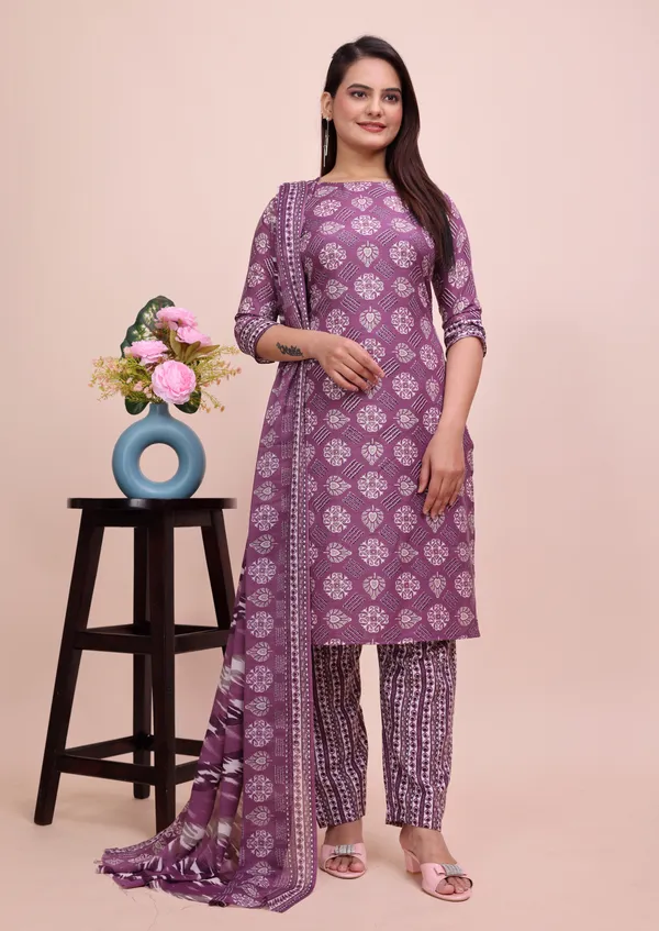 Purple_Cotton_Kurti_Pant_Dupatta_Set_For_Women