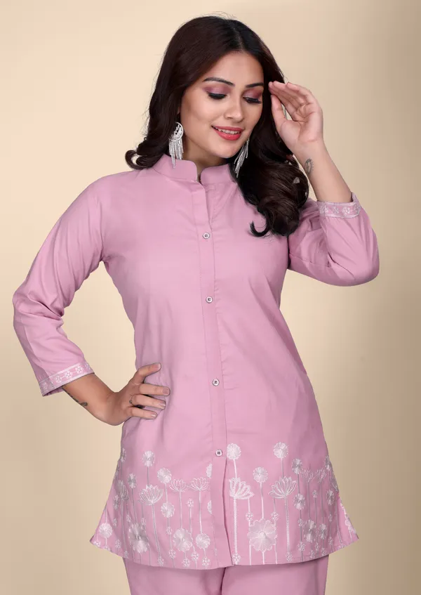 Women's_Pink_Cotton_Co-Ords_Set_with_Floral_Thread_Embroidery_Work_&_Straight_Pants