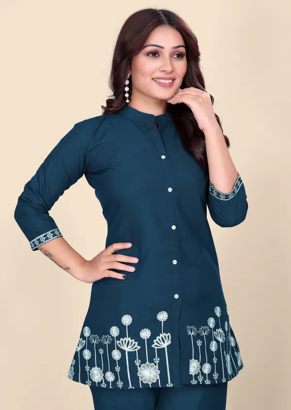 Women's_Deep_Teal_Cotton_Co-Ords_Set_with_Floral_Thread_Embroidery_Work_&_Straight_Pants