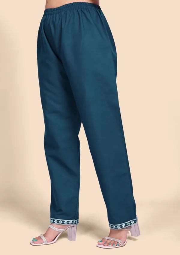 Women's_Deep_Teal_Cotton_Co-Ords_Set_with_Floral_Thread_Embroidery_Work_&_Straight_Pants