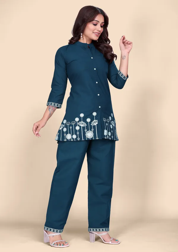 Women's_Deep_Teal_Cotton_Co-Ords_Set_with_Floral_Thread_Embroidery_Work_&_Straight_Pants
