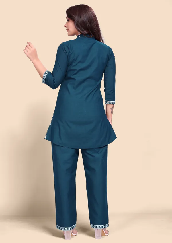 Women's_Deep_Teal_Cotton_Co-Ords_Set_with_Floral_Thread_Embroidery_Work_&_Straight_Pants