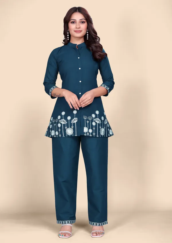 Women's_Deep_Teal_Cotton_Co-Ords_Set_with_Floral_Thread_Embroidery_Work_&_Straight_Pants
