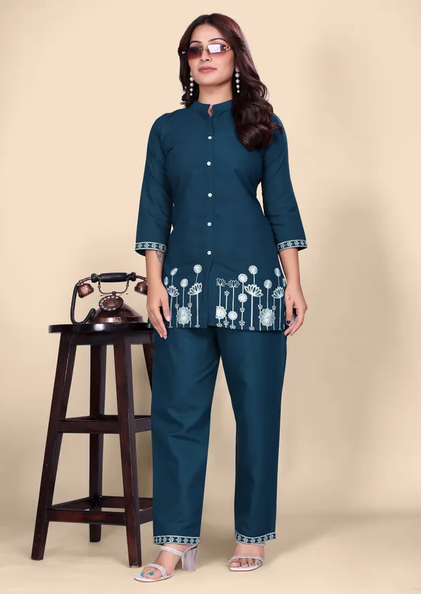 Women's_Deep_Teal_Cotton_Co-Ords_Set_with_Floral_Thread_Embroidery_Work_&_Straight_Pants