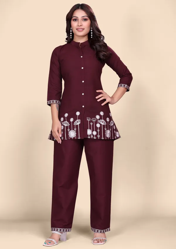 Women's_Maroon_Cotton_Co-Ords_Set_with_Floral_Thread_Embroidery_Work_&_Straight_Pants