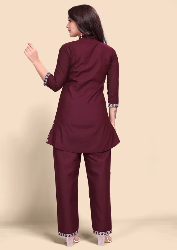 Women's_Maroon_Cotton_Co-Ords_Set_with_Floral_Thread_Embroidery_Work_&_Straight_Pants