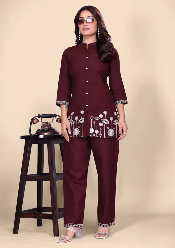 Women's_Maroon_Cotton_Co-Ords_Set_with_Floral_Thread_Embroidery_Work_&_Straight_Pants
