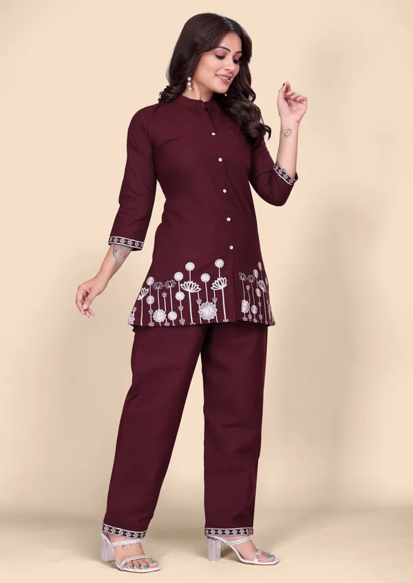 Women's_Maroon_Cotton_Co-Ords_Set_with_Floral_Thread_Embroidery_Work_&_Straight_Pants