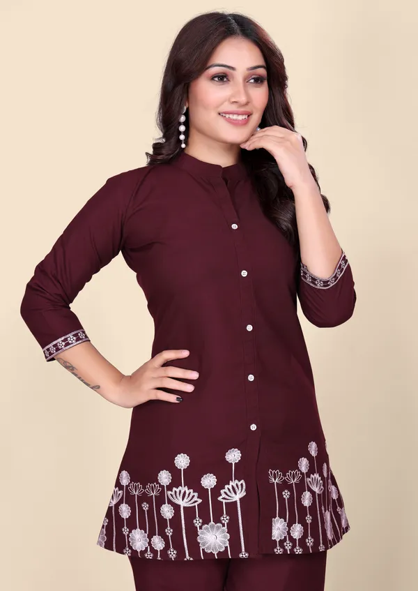 Women's_Maroon_Cotton_Co-Ords_Set_with_Floral_Thread_Embroidery_Work_&_Straight_Pants