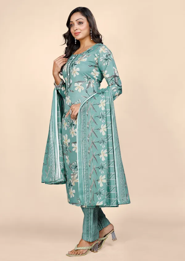 Green_Cotton_Kurti_Pant_With_Dupatta_Set_For_Women