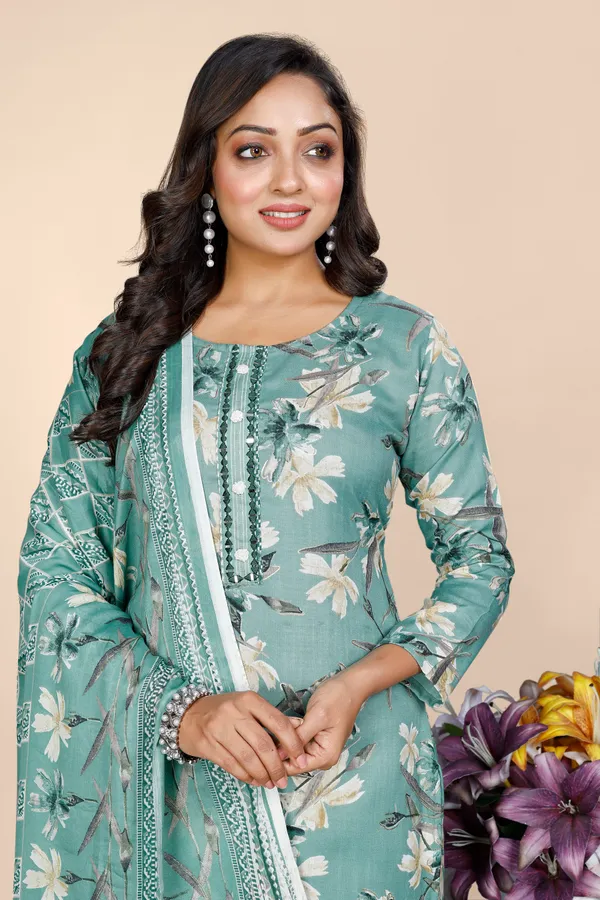 Green_Cotton_Kurti_Pant_With_Dupatta_Set_For_Women