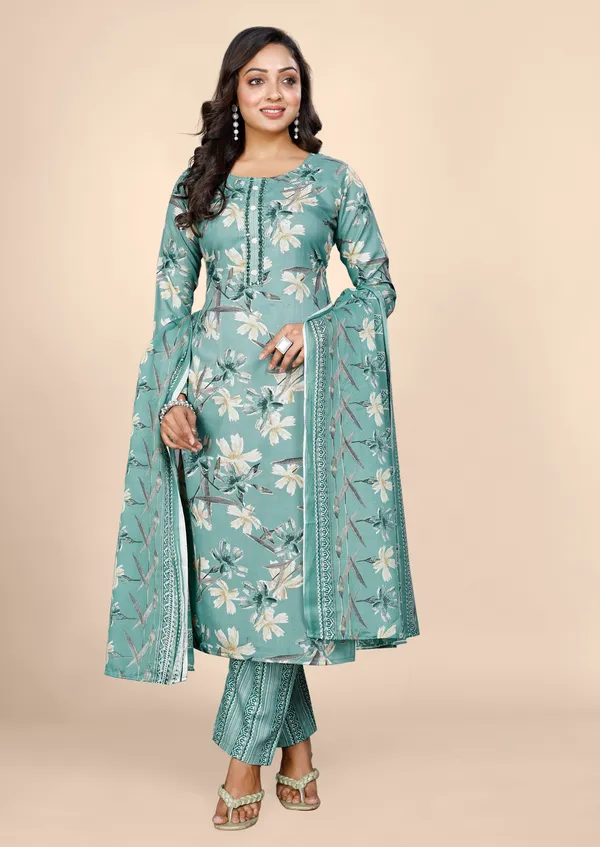 Green_Cotton_Kurti_Pant_With_Dupatta_Set_For_Women