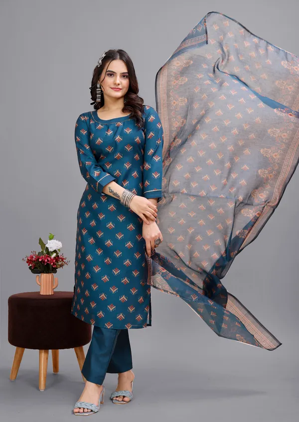 Brown_Cotton_Kurti_Pant_With_Dupatta_Set_For_Women