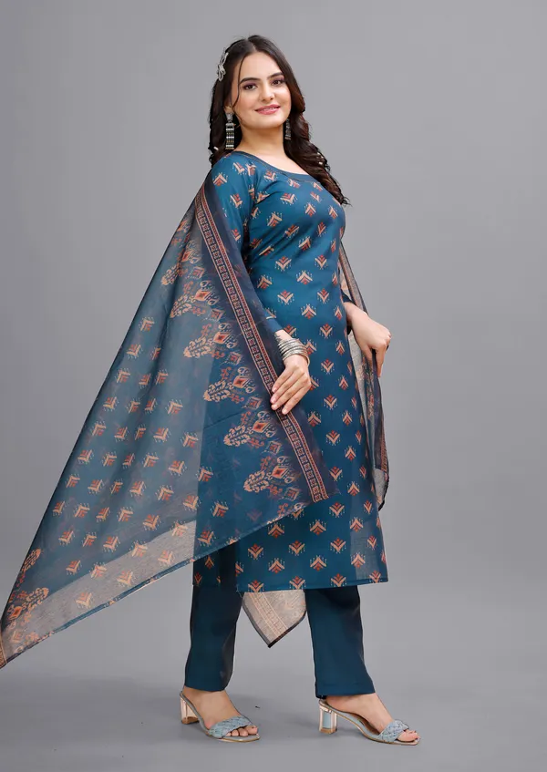 Brown_Cotton_Kurti_Pant_With_Dupatta_Set_For_Women