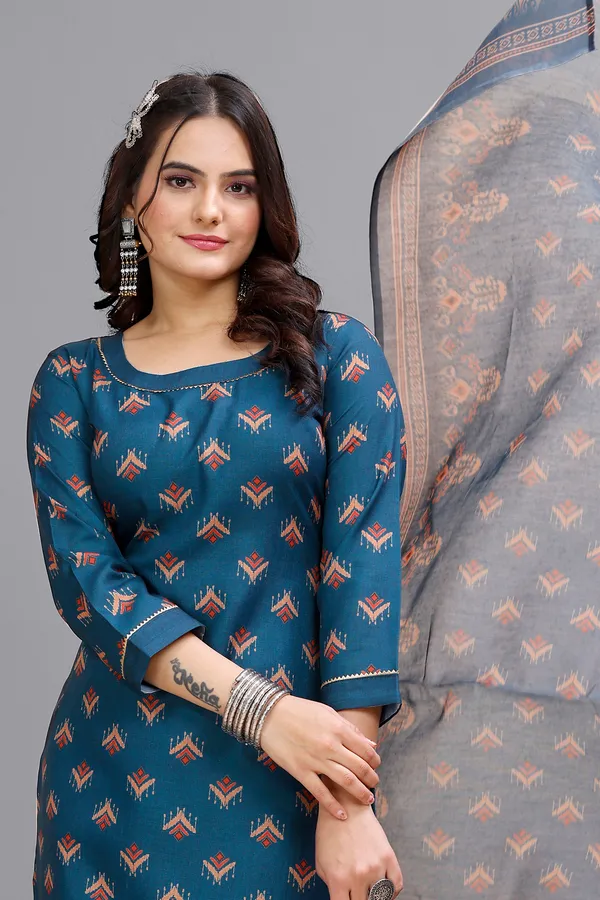 Brown_Cotton_Kurti_Pant_With_Dupatta_Set_For_Women