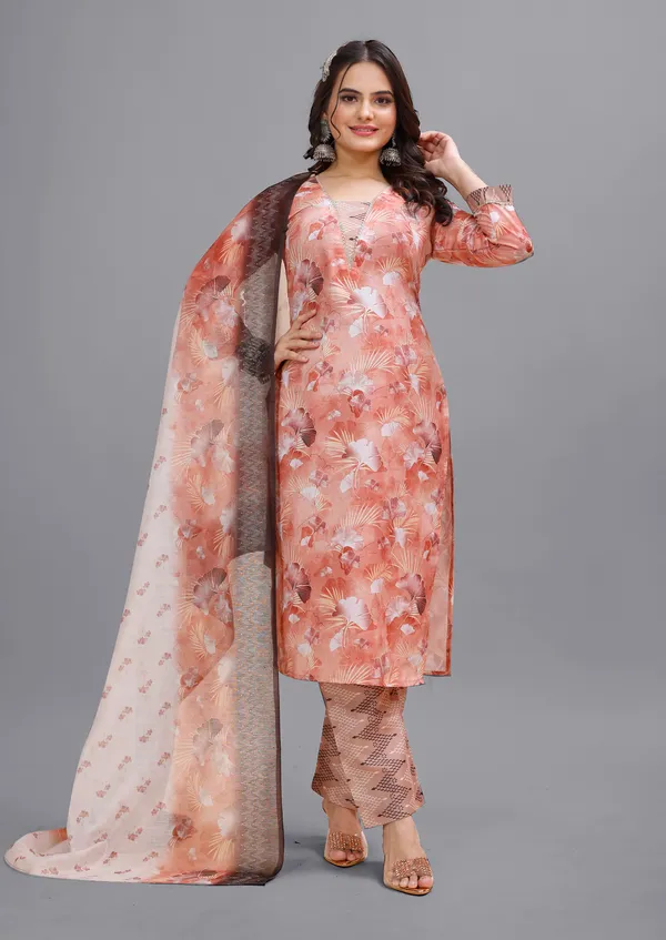 Orange_Cotton_Kurti_Pant_With_Dupatta_Set_For_Women