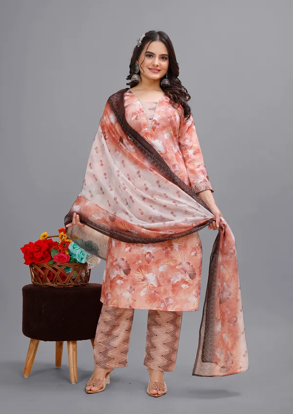 Orange_Cotton_Kurti_Pant_With_Dupatta_Set_For_Women