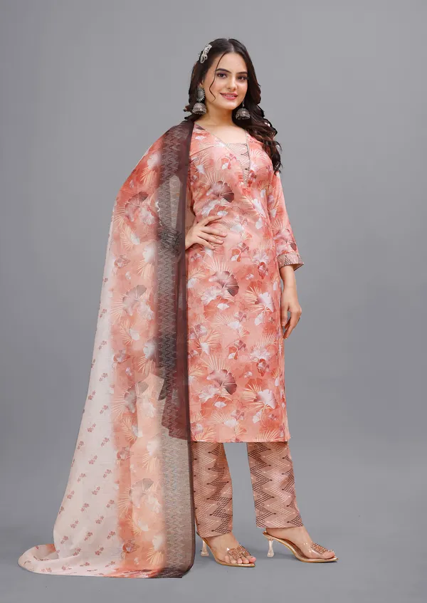 Orange_Cotton_Kurti_Pant_With_Dupatta_Set_For_Women
