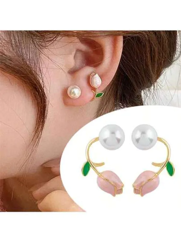 Multicolor_Stainless_Steel_Tulip_Flower_Pearl_French_Elegant_Earring_For_Women