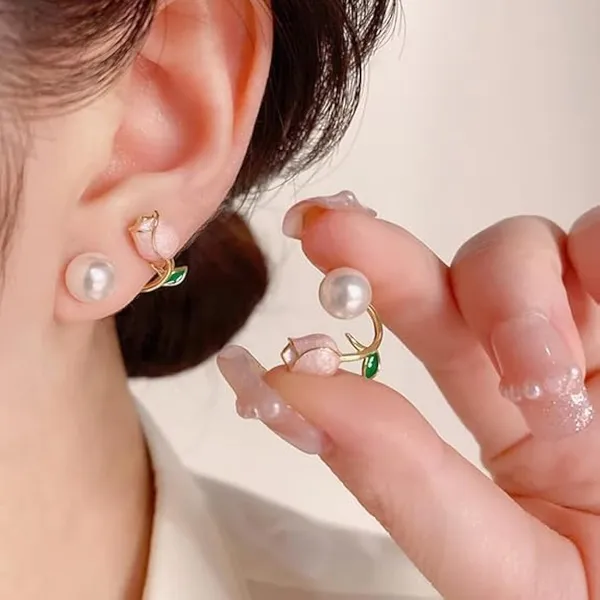 Multicolor_Stainless_Steel_Tulip_Flower_Pearl_French_Elegant_Earring_For_Women
