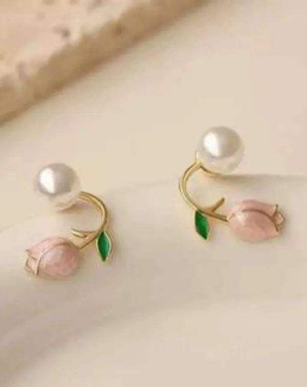 Multicolor_Stainless_Steel_Tulip_Flower_Pearl_French_Elegant_Earring_For_Women