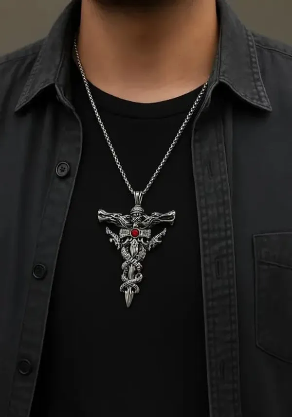 Silver_Stainless_Steel_Combo_Creative_Devil_Eagle_Claw_Shape_Retro_With_Antique_Cross_Necklace_For_Men