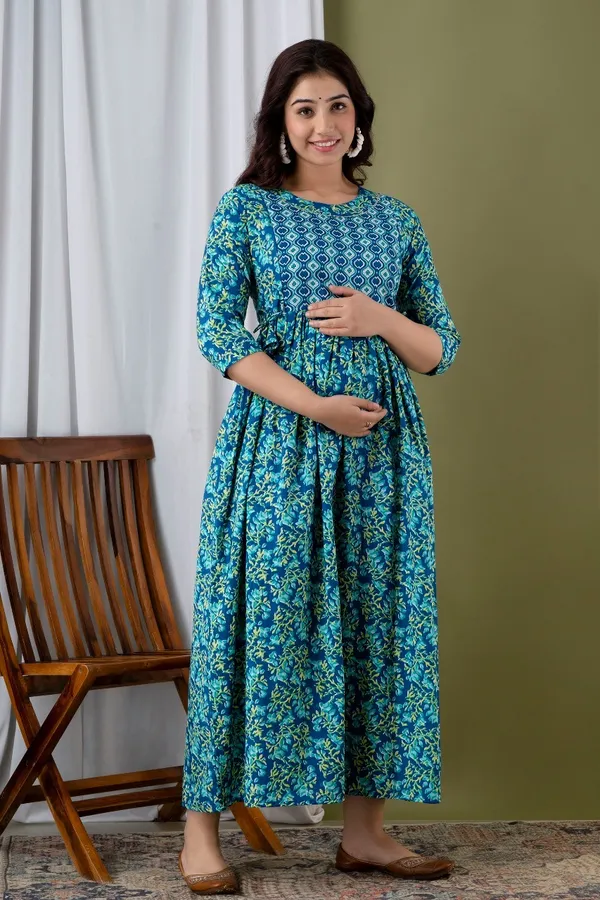 Aqua_Blue_Maternity_Feeding_Kurti_For_Women_|_Cotton_Blend_Anarkali_Dress_With_Nursing_Zip_For_Pre_&_Post_Pregnancy