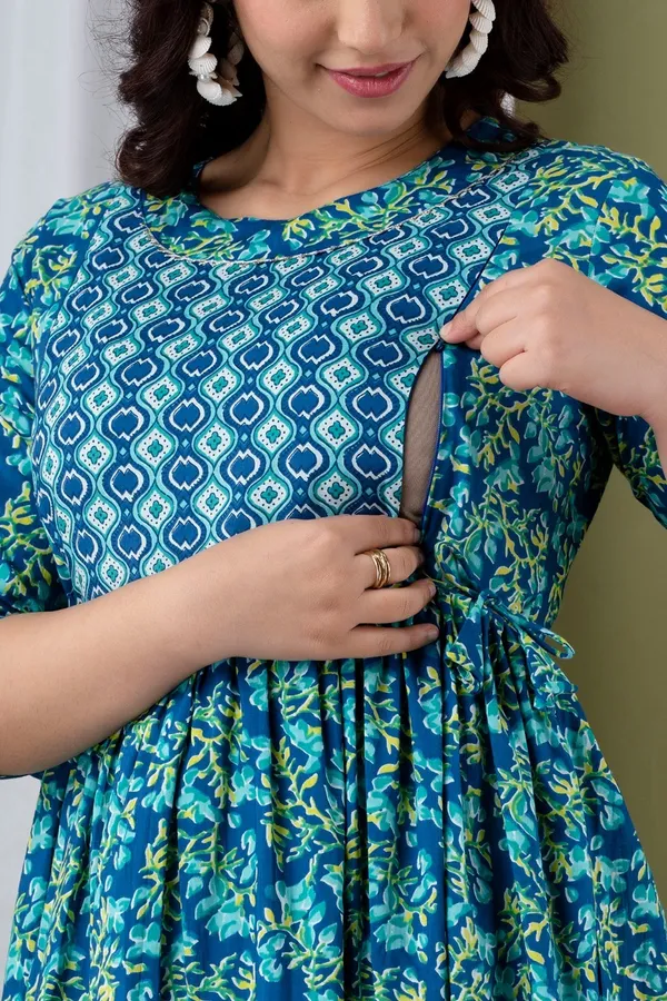 Aqua_Blue_Maternity_Feeding_Kurti_For_Women_|_Cotton_Blend_Anarkali_Dress_With_Nursing_Zip_For_Pre_&_Post_Pregnancy