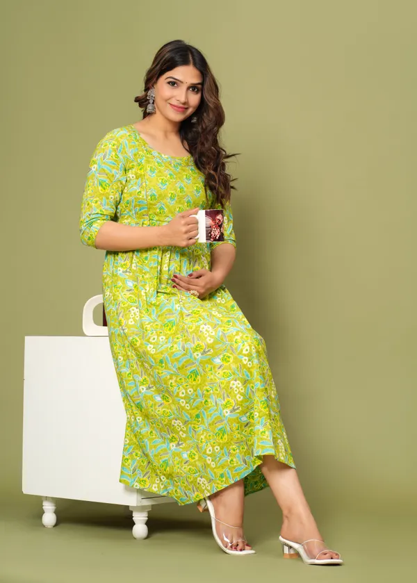 Green_Maternity_Feeding_Kurti_For_Women_|_Cotton_Blend_Anarkali_Dress_With_Nursing_Zip_For_Pre_&_Post_Pregnancy