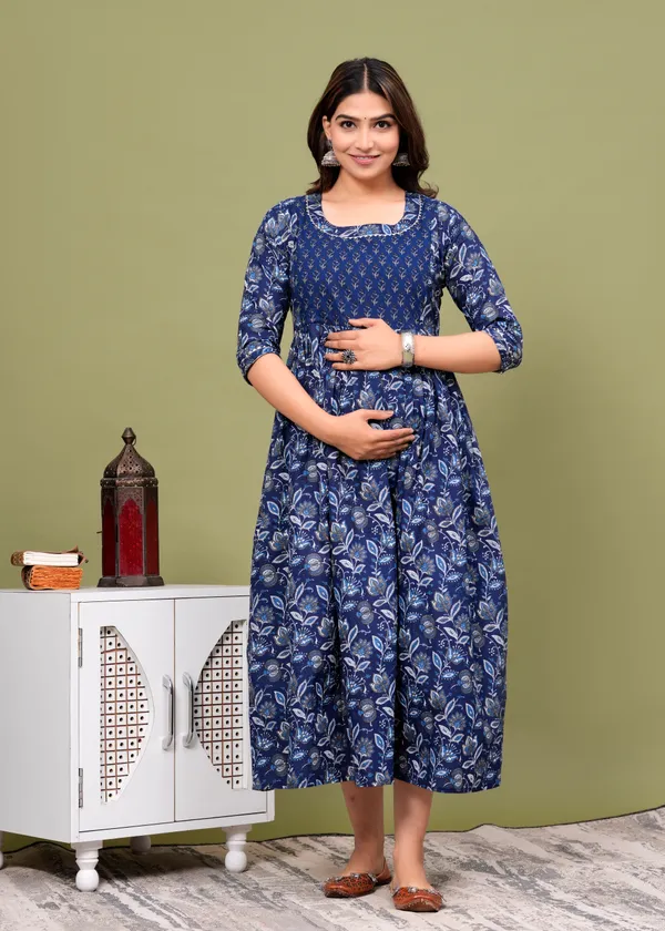 Dark_Blue_Maternity_Feeding_Kurti_For_Women_|_Cotton_Blend_Anarkali_Dress_With_Nursing_Zip_For_Pre_&_Post_Pregnancy