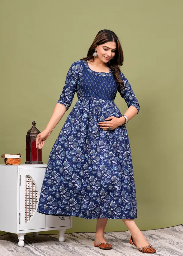 Dark_Blue_Maternity_Feeding_Kurti_For_Women_|_Cotton_Blend_Anarkali_Dress_With_Nursing_Zip_For_Pre_&_Post_Pregnancy