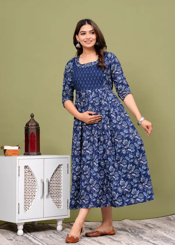 Dark_Blue_Maternity_Feeding_Kurti_For_Women_|_Cotton_Blend_Anarkali_Dress_With_Nursing_Zip_For_Pre_&_Post_Pregnancy