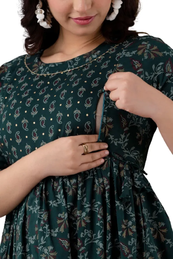 Green_Gold_Maternity_Feeding_Kurti_For_Women_|_Cotton_Blend_Anarkali_Dress_With_Nursing_Zip_For_Pre_&_Post_Pregnancy