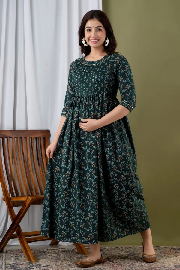 Green_Gold_Maternity_Feeding_Kurti_For_Women_|_Cotton_Blend_Anarkali_Dress_With_Nursing_Zip_For_Pre_&_Post_Pregnancy
