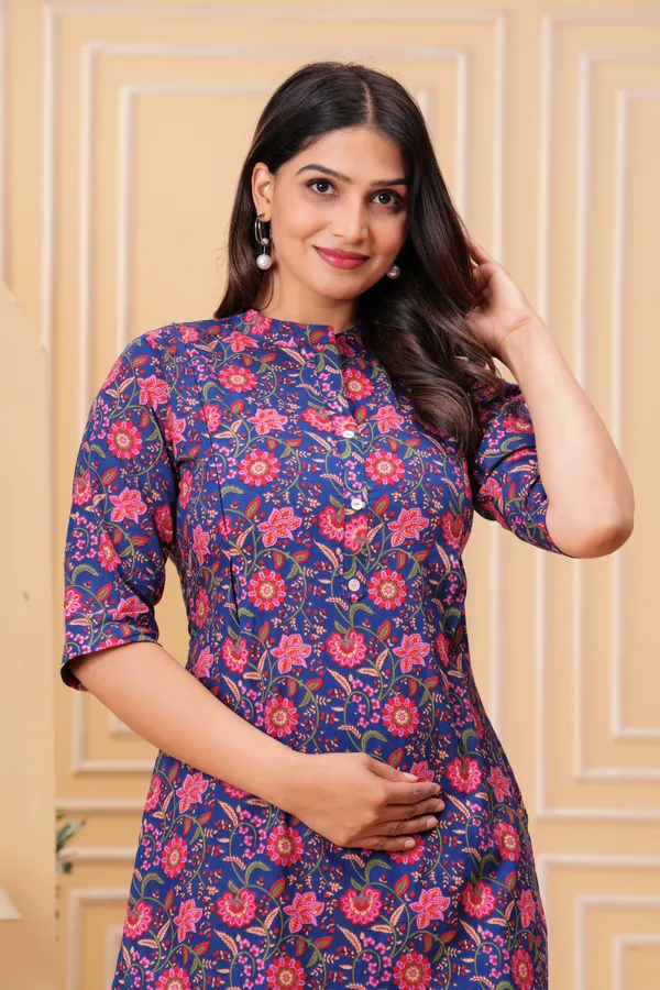 Blue_Cotton_Printed_Co-Ord_Set_Kurta_With_Pant_Set_For_Women_|_Cotton_Floral_Printed_Anarkali_Maternity_Feeding_Kurta_With_Zipper/Maternity