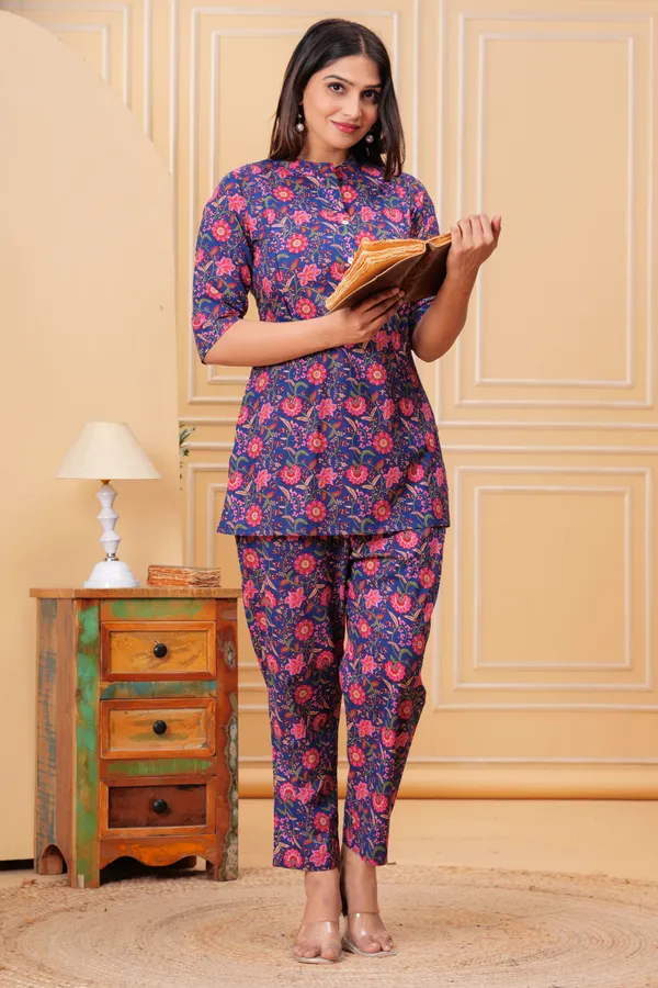 Blue_Cotton_Printed_Co-Ord_Set_Kurta_With_Pant_Set_For_Women_|_Cotton_Floral_Printed_Anarkali_Maternity_Feeding_Kurta_With_Zipper/Maternity