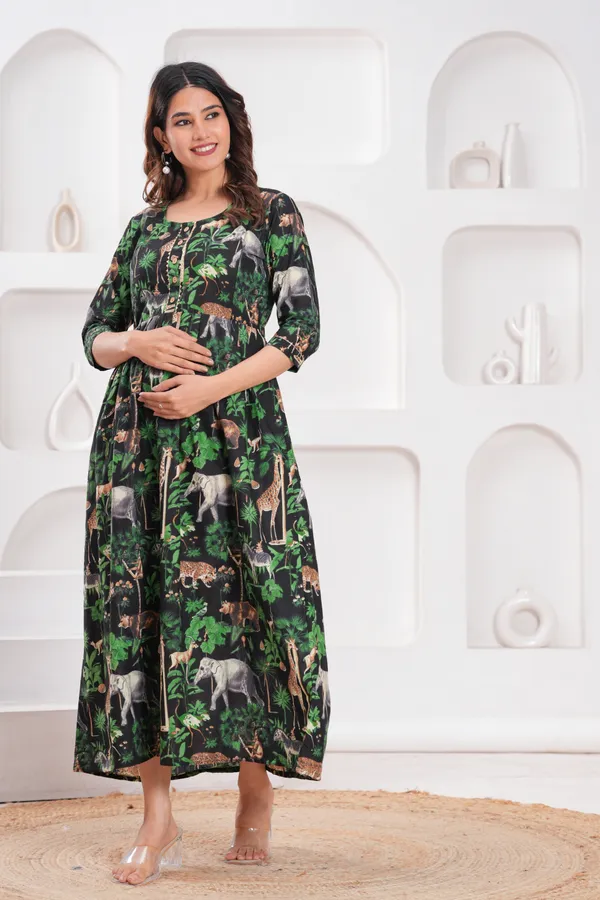 Green_Maternity_Feeding_Kurti_For_Women_|_Cotton_Blend_Anarkali_Dress_With_Nursing_Zip_For_Pre_&_Post_Pregnancy