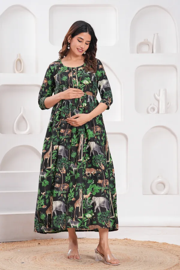Green_Maternity_Feeding_Kurti_For_Women_|_Cotton_Blend_Anarkali_Dress_With_Nursing_Zip_For_Pre_&_Post_Pregnancy