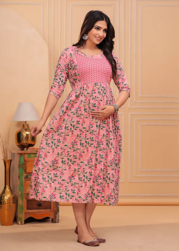 Pink_Maternity_Feeding_Kurti_For_Women_|_Cotton_Blend_Anarkali_Dress_With_Nursing_Zip_For_Pre_&_Post_Pregnancy