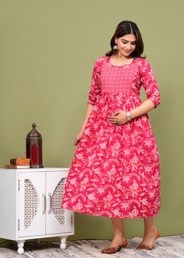 Pink_Maternity_Feeding_Kurti_For_Women_|_Cotton_Blend_Anarkali_Dress_With_Nursing_Zip_For_Pre_&_Post_Pregnancy