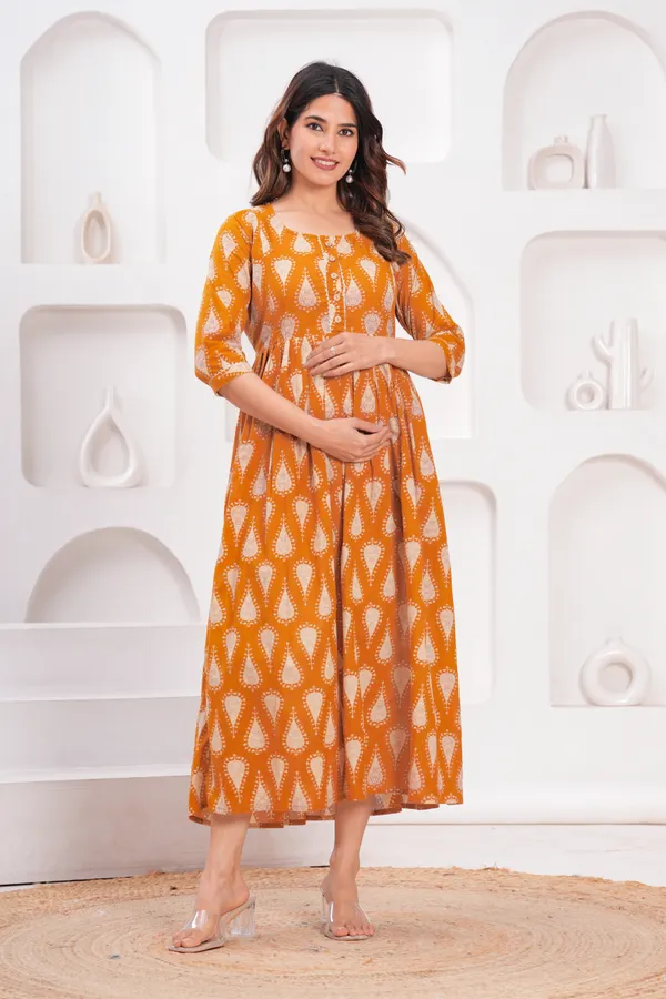 Orange_Maternity_Feeding_Kurti_For_Women_|_Cotton_Blend_Anarkali_Dress_With_Nursing_Zip_For_Pre_&_Post_Pregnancy