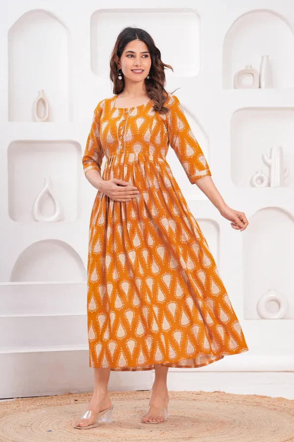 Orange_Maternity_Feeding_Kurti_For_Women_|_Cotton_Blend_Anarkali_Dress_With_Nursing_Zip_For_Pre_&_Post_Pregnancy